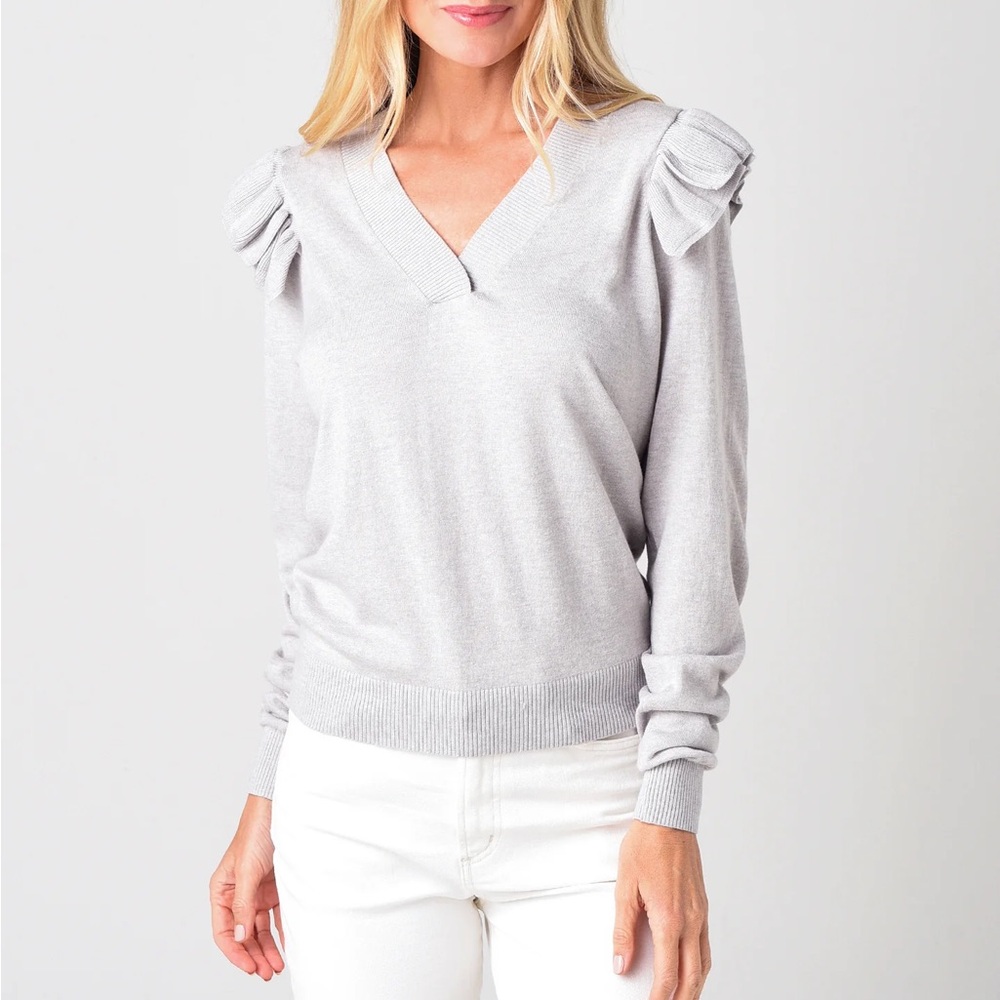 Gray V-Neck Ruffle Shoulder Sweater - Picture 7 of 7